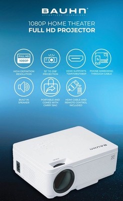BAUHN HD LCD PROJECTOR- 1080 Home Theater- Full HD Projector- White- New In Box