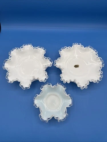 3 VTG Silver Crest Milk Glass Candy Dish Bowl Clear Ruffled Rim Fenton