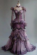 Purple Vintage Victorian Lace Evening Gown Gothic High Neck Ball Gown Medieval