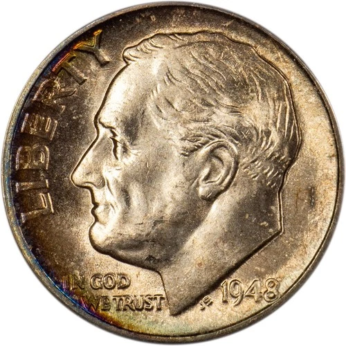 1948 Roosevelt Dime - Rainbow Toned Obverse - GEM BU!