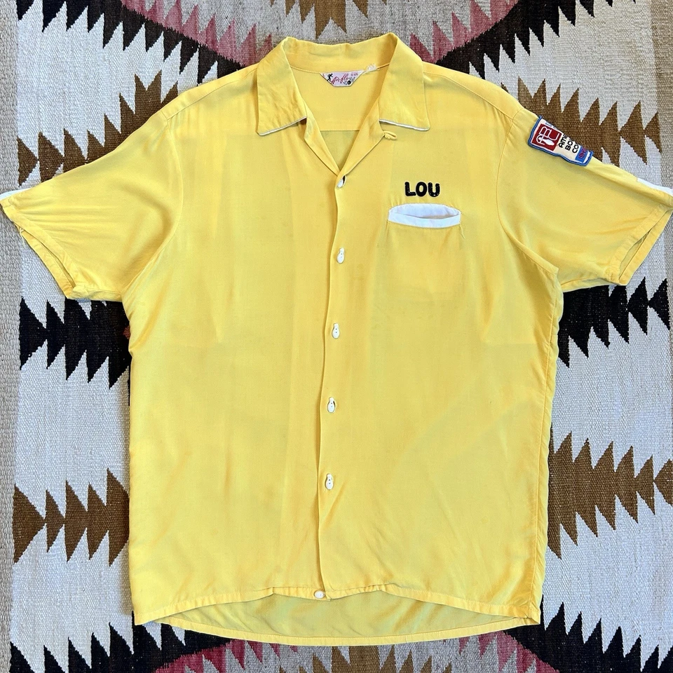 复古 20 世纪 50 年代 Air Flo 人造丝保龄球衬衫 尺寸 L - 黄色 — 第 2/4 张图片