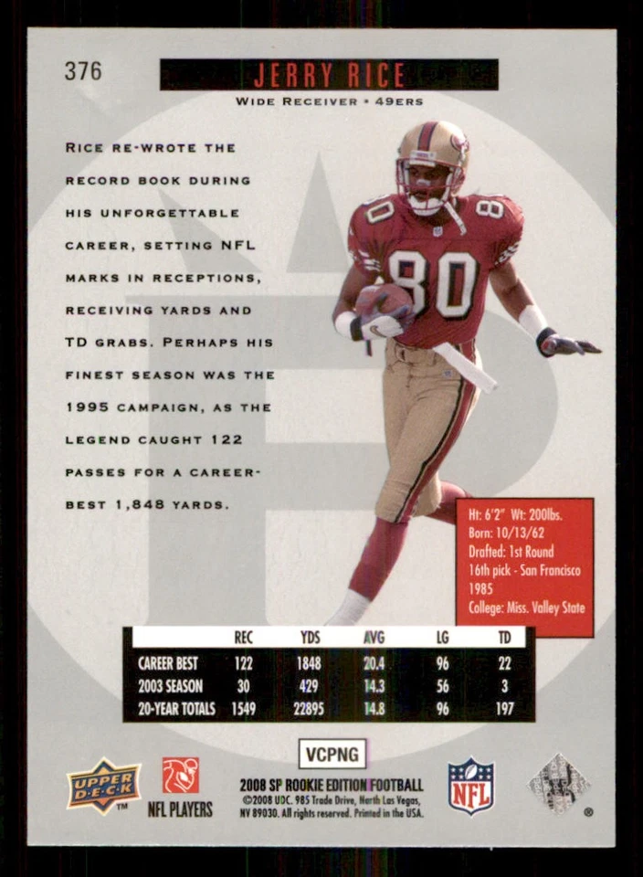 2008 SP Rookie Edition #376 Jerry Rice 96 - Image 2 of 2