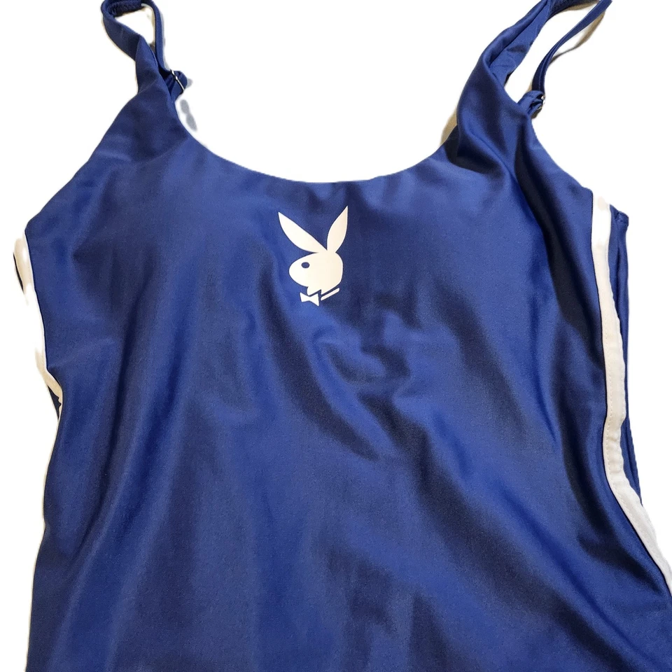 Maiô Playboy azul peça única com coelho branco/listras Y2K feminino tamanho P/M/G - Imagem 2 de 4