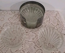 Vtg Set 6 Shell Shaped GLASS Coasters Silver plated Holder WM Rogers Beach