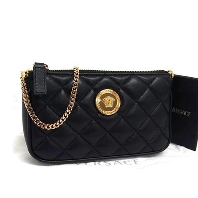 VERSACE Medusa Leather Shoulder Bag Size S Pochette Black Gold Chain Used Japan