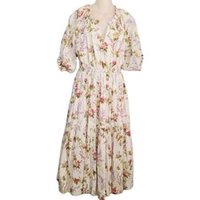 Mille Resort & Travel Floral Midi Dress XS 100% Cotton Puff Sleeve Boho Cottage