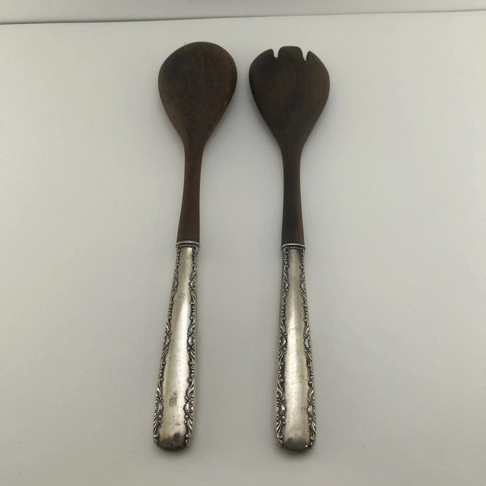 Juego de ensalada de 2 piezas de reemplazo de tazón de madera de plata esterlina clásico vintage Foto 2 de 4