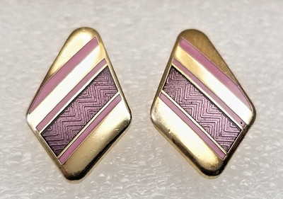 Rhombus-Shaped Gold Tone Earrings, Enamel Signed Duri