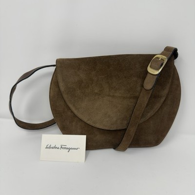 Vintage Salvatore Ferragamo Brown Suede Structured Shoulder Bag Rare Authentic