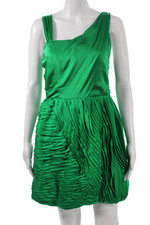 Alice + Olivia Women Green Silk One Shoulder Mini Dress Zip Sleeveless Size XS