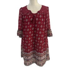 Red Camel Womens SMALL Red Floral Bell Sleeved Short Dress Boho Festival