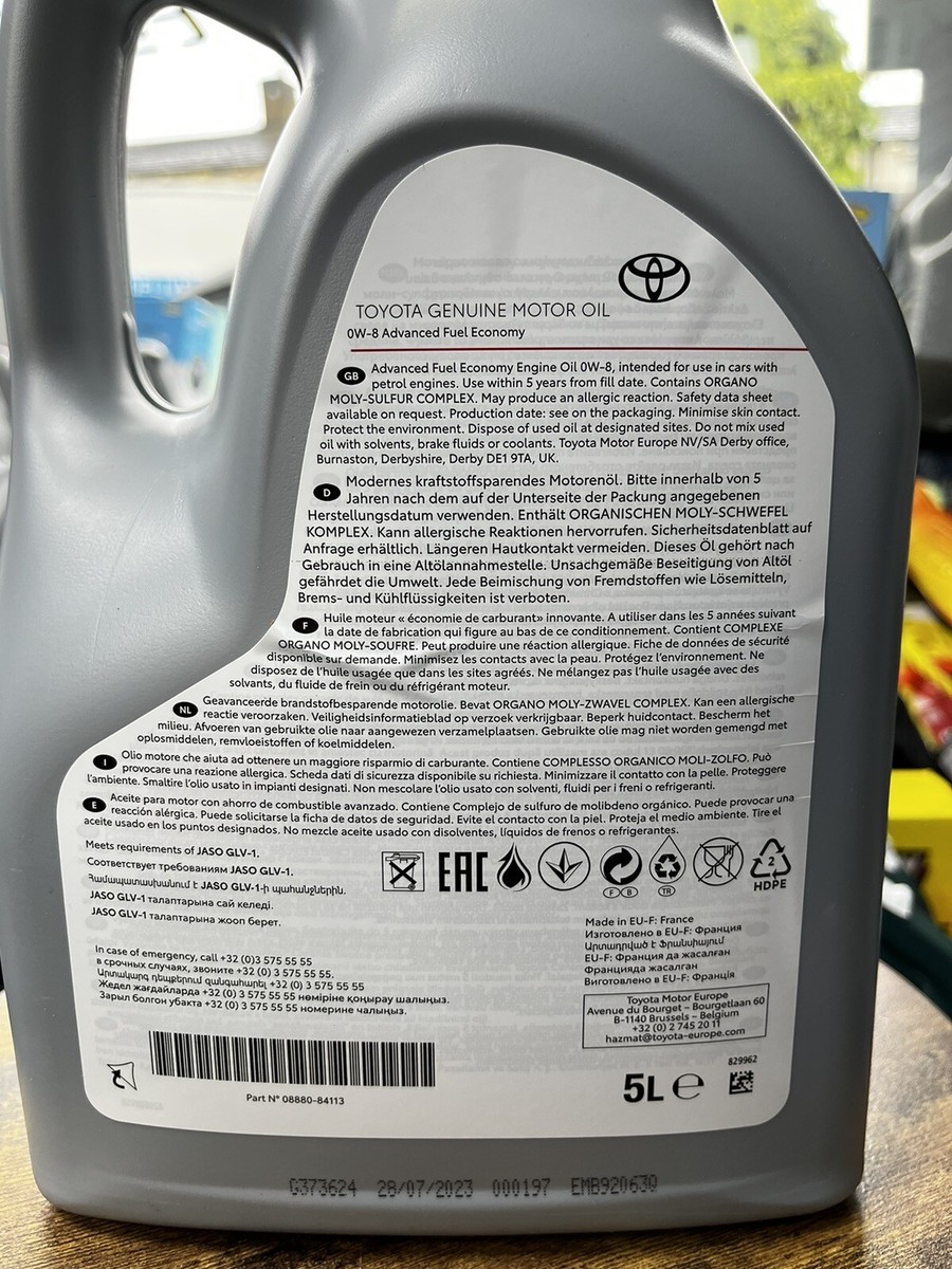 Toyota Genuine Engine Oil SAE 0W8 5L Fuel Economy Hybrid 2020-On