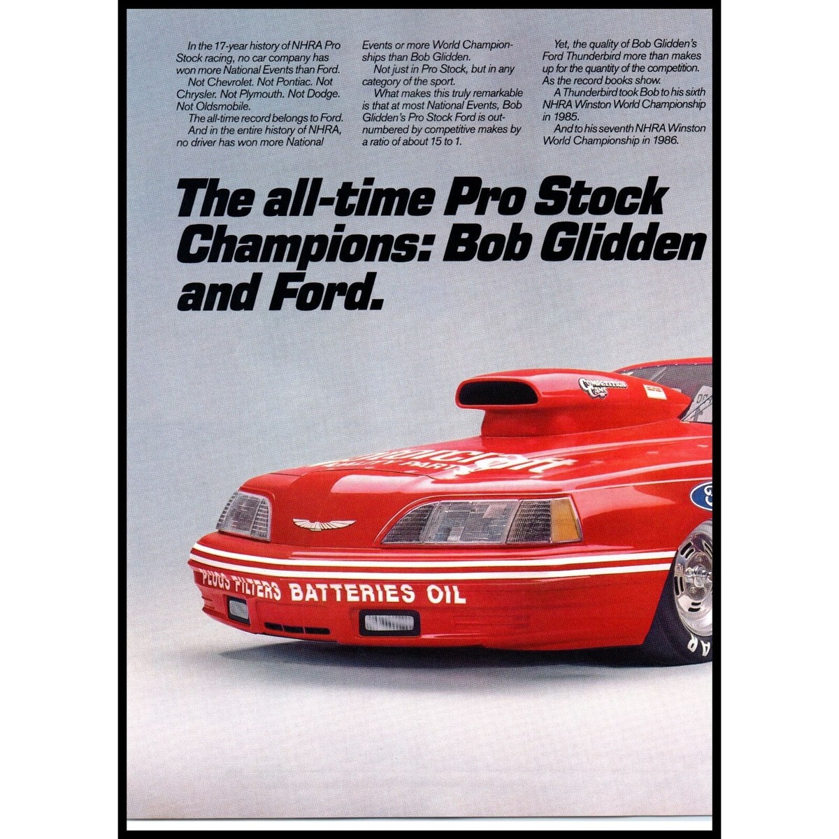 1987 Ford Thunderbird NHRA Race Car Vintage Print Ad Bob Glidden