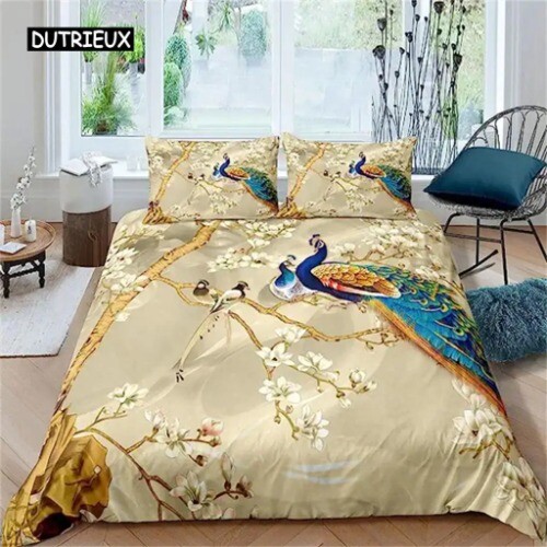 Luxury Peacock Floral Duvet Cover Set Golden Bedding-image