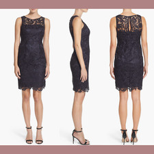 NWT Adrianna Papell Navy Illusion Bodice Lace Sheath Dress  SZ 4  Q434