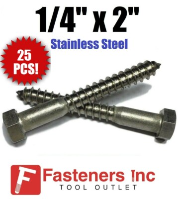 (Qty 25) 1/4'' x 2'' Lag Screws Hex Head Stainless Steel 18-8 / 304