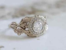 1.00Ct Round Cut Real Moissanite Art Deco Engagement Ring 14K Yellow Gold Plated