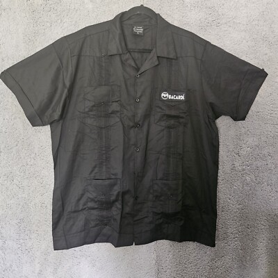 Bacardi Rum Button Up Cubavera Black Alcohol Short Sleeve Men Large Pockets XL