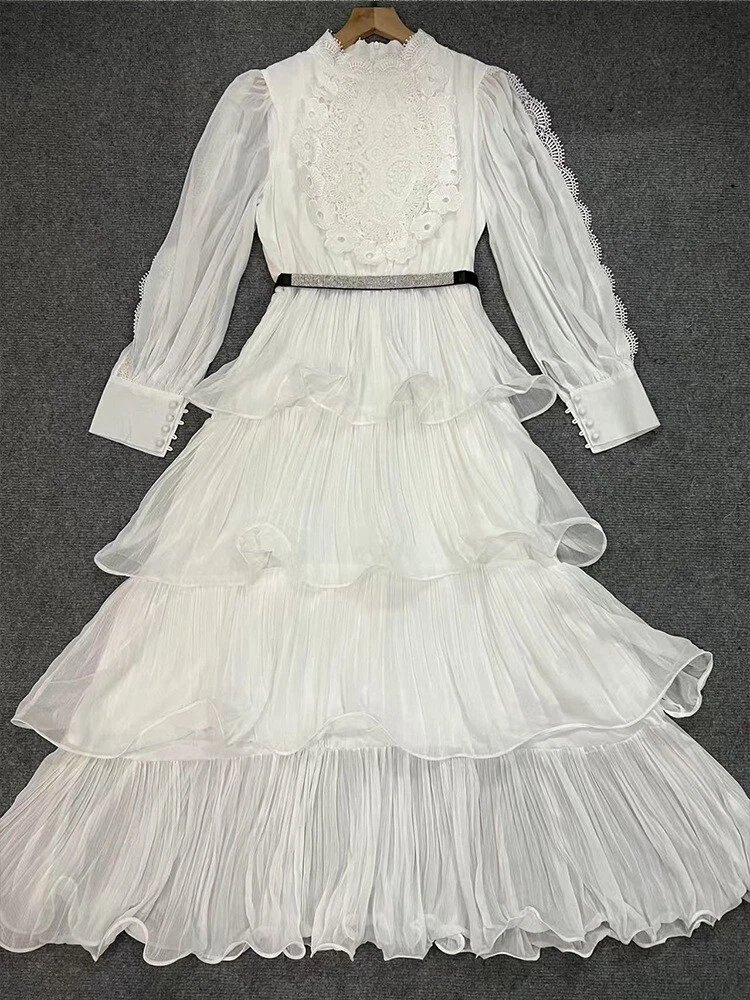 OFF WHITE 2025 set donna spalline maniche lunghe vita alta abito sciolto bordo volant gonna a sbuffo