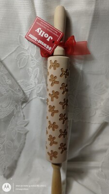 Bread & Butter WOODEN GINGERBREAD MAN EMBOSSED ROLLING PIN wood Adorable NEW