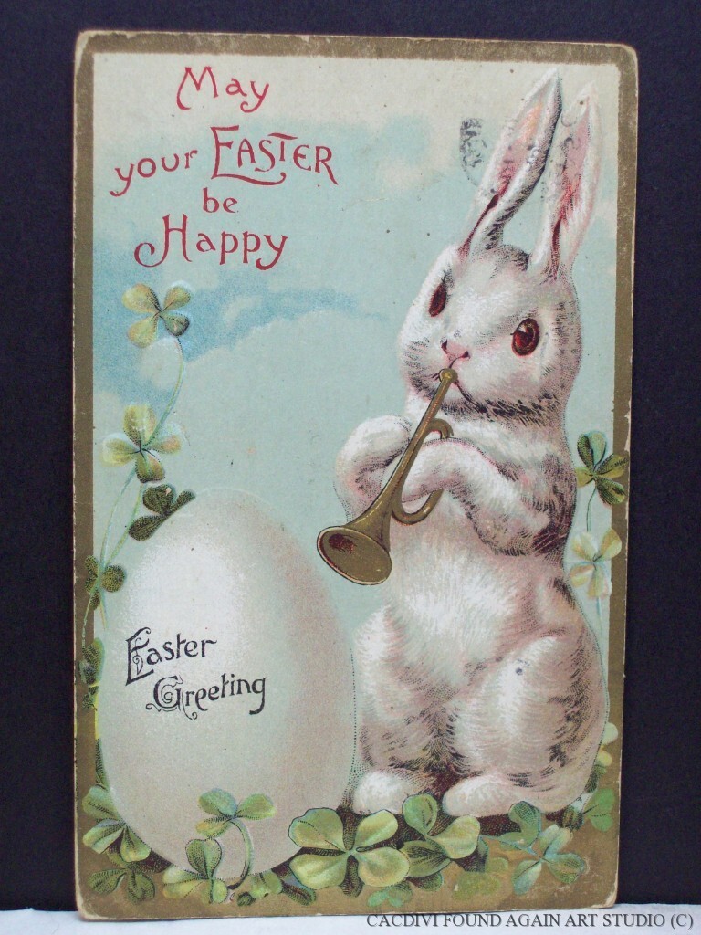 Easter Greeting Postcard Bunny Rabbit Plays Trumpet Big Egg 4 Leaf Clover 1911