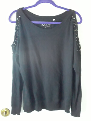 Guess Women's size M Black cotton Cold-Shoulder LS Black Beaded