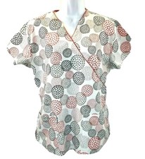 GREENTOWN Scrub Top SMALL White Red Black Gray Dots Pockets Easy Care Fabric EUC