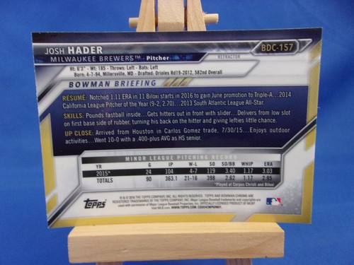 Josh Hader Bowman Chrome Draft 2016 Refractor BDC-157 - Picture 2 of 2