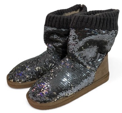 Victoria Secret PINK Faux Fur Mukluks Reversible Silver Bling Boots Size 7-8 M