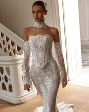 Sheath Strapless Wedding Dresses Detachable Sleeves Court Train Bridal Gowns