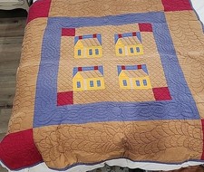 Handmade Machined Patchwork "House" Quilt Country Twin Size 52x52"
