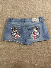Ed Hardy Y2K Blue Acid Wash "Born Free" Tattoo Cut Off Denim Shorts Women's 30