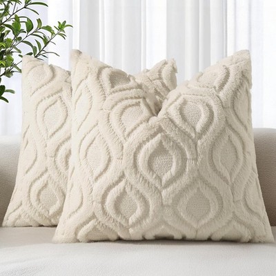 Throw Pillow Covers 18x18 Inch Set of 2, Soft Plush Faux Wool Beige Solid Couch 
