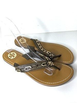 TORY BURCH Sandalen Zehentrenner Slides Gr. 37.5 Leder Khaki Grün Gold Kette