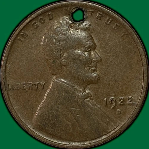 1922-D Lincoln Wheat Cent Almost Uncirculated AU Coin, Holed #37181