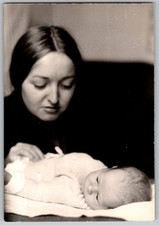 Vtg B&W Snapshot Mother Looking Down At Newborn Baby Infant Black & White