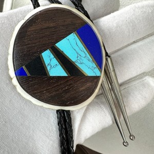 Stunning Turquoise Black Onyx Lapis Brass Inlay Antler Wood Bolo Tie