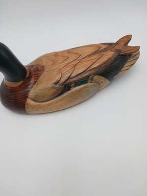 Tom Taber Signed Wooden Mallard Duck Decoy 15” w/ Glass Eyes