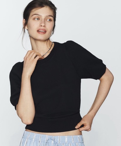NWT Anthropologie Maeve Black Onyx Puff Sleeve Sweatshirt Tee SZ SMALL