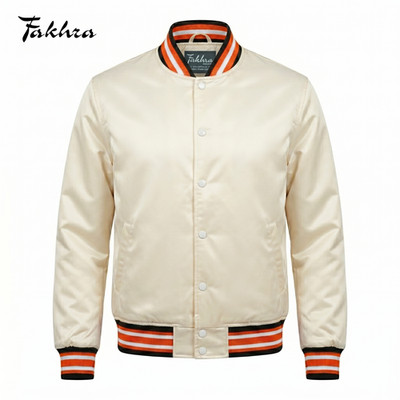 Varsity Bomber Jacket Mens Satin Cream Off White Orange Striped Snap Letterman