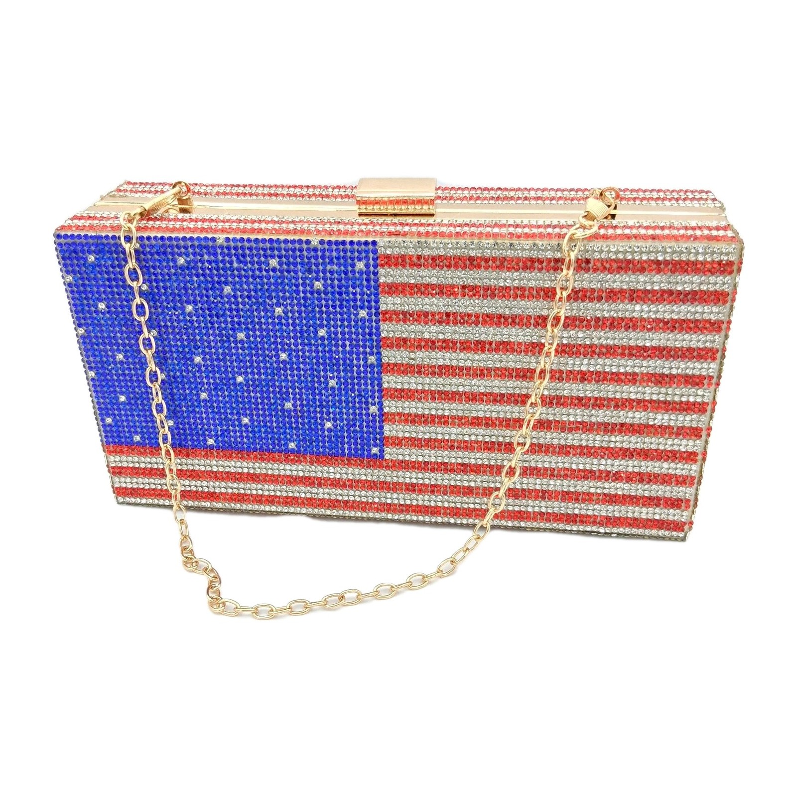 American Flag Rhinestone Box Clutch Purse Red White Blue Crystal Evening Bag