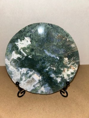 Beautiful Druzy Moss Agate Disc with stand