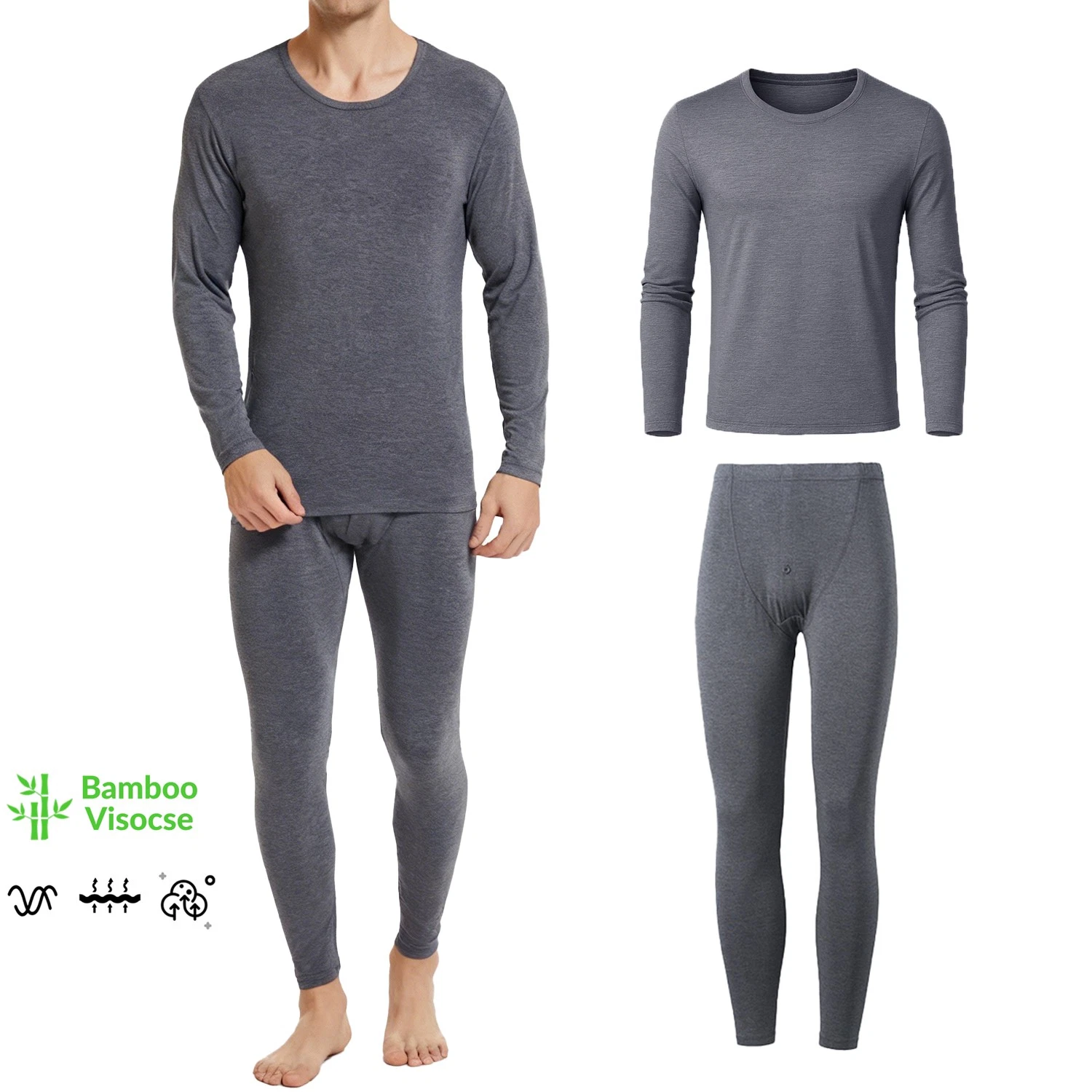 Men's Bamboo Viscose Thermal Underwear Set Soft Stretch Long John Top Pants