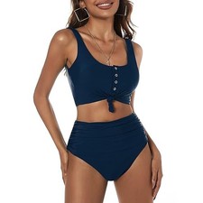 NWOT ZAFUL High Waisted Bikini Scoop Neck Swimsuit Two Pieces Dark Blue Medium