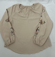 Women's Beige Shirt with Embroidered Floral Sleeves Size XL, Boho Style
