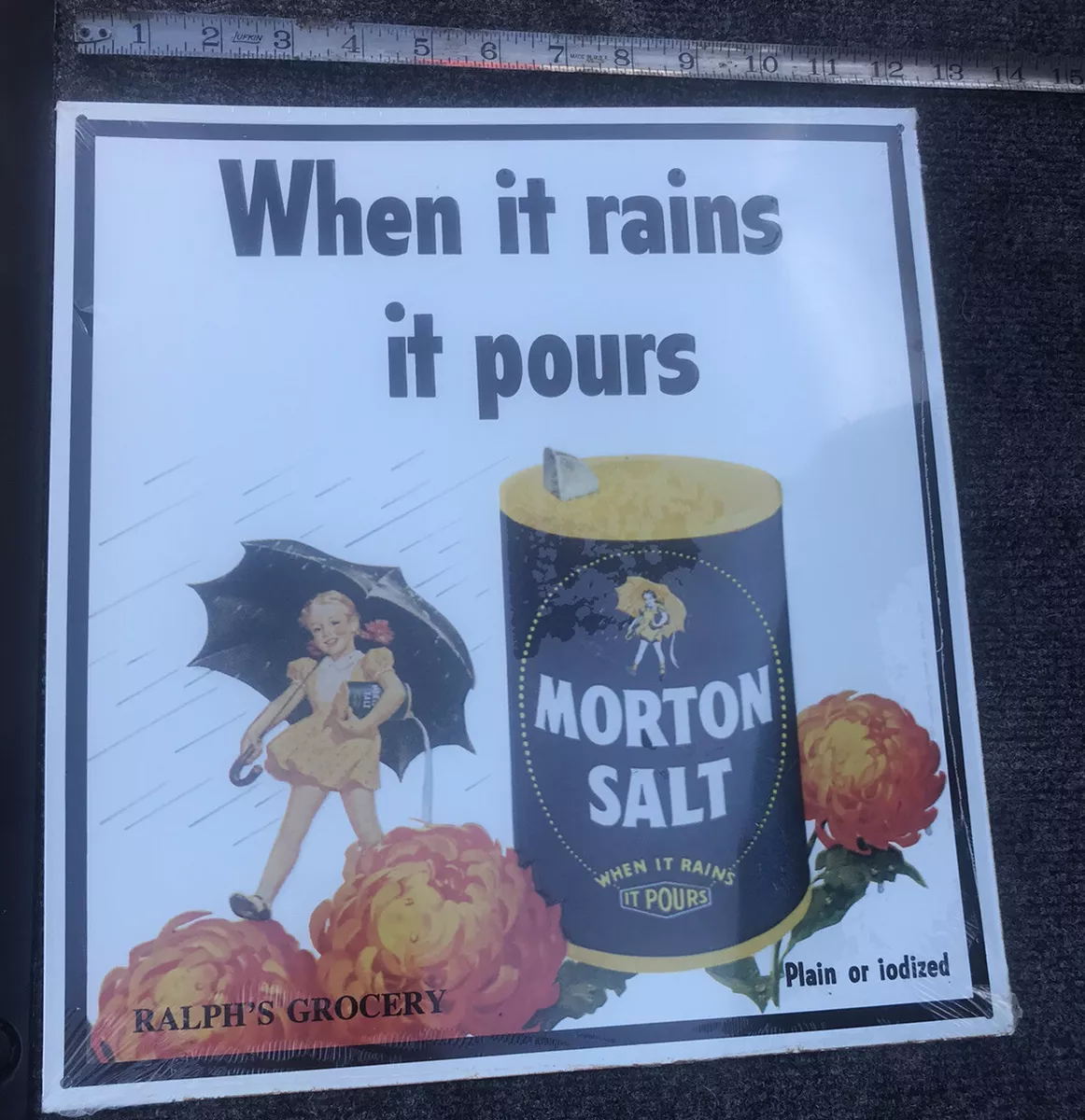 Metal Sign, Morton Salt “When it rains it pours” 12.5 inches by 13.5 inches