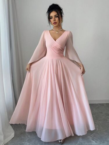 Elegant Flowing Chiffon Evening Gown – Long Flare Sleeve Maxi Dress