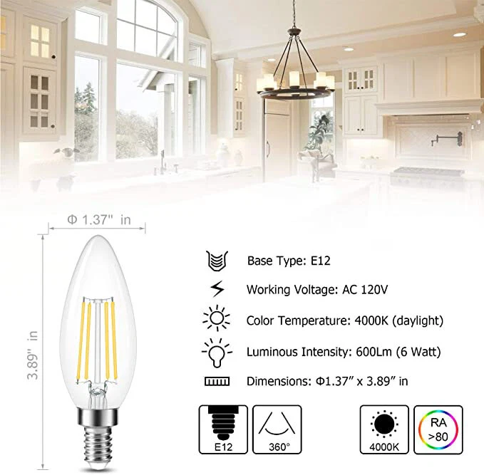 6X E12 Candelabra LED Bulbs Natural 4000K Daylight 400LM Ceiling Fan Light Bulb - Image 3 of 4