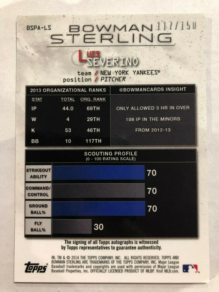 2014 Bowman Sterling Prospect Autographs Refractors Luis Severino Auto #117/150 - Image 2 of 2
