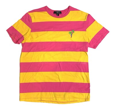 Forever 21 L Yellow Pink Striped T-Shirt Parrot Palm Trees